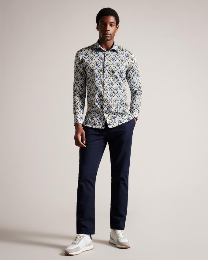 Chemises Ted Baker Long Sleeve Magnolia Print Bleu Homme | ZCT-63833340